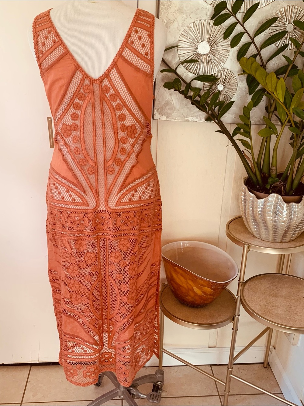 Women's Coral Lace Midi Dress
